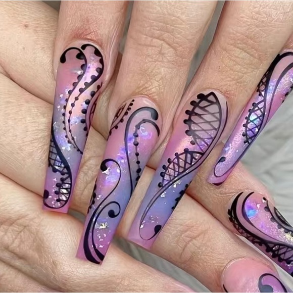 ✨ GORGEOUS 👑 Music Notes Lilac Purple Long Ombre Designed Press On Nails - Picture 3 of 5